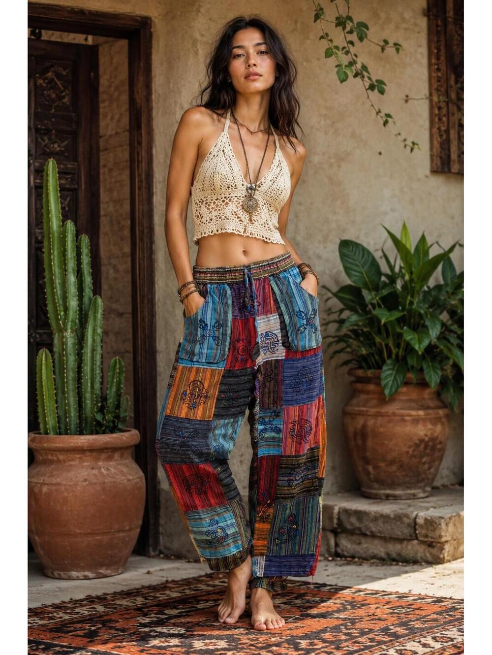 Rising International Patchwork Boho Harem Pants | Size XS